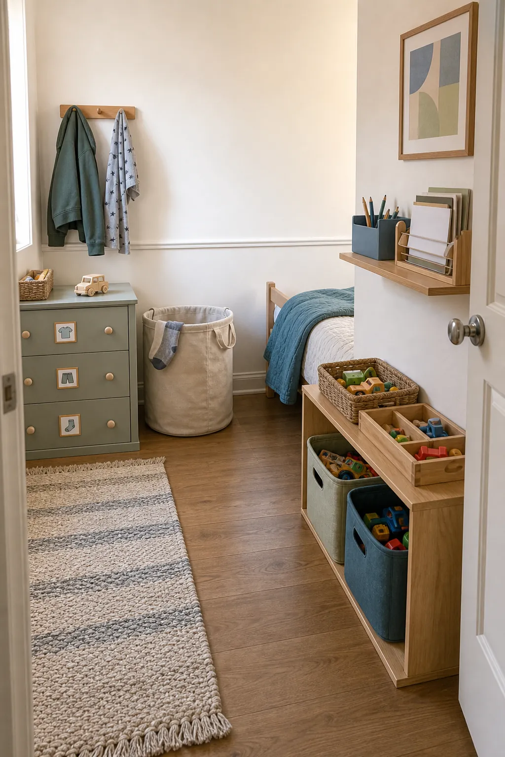 Small kids room divided into clothes toys and school supply zones