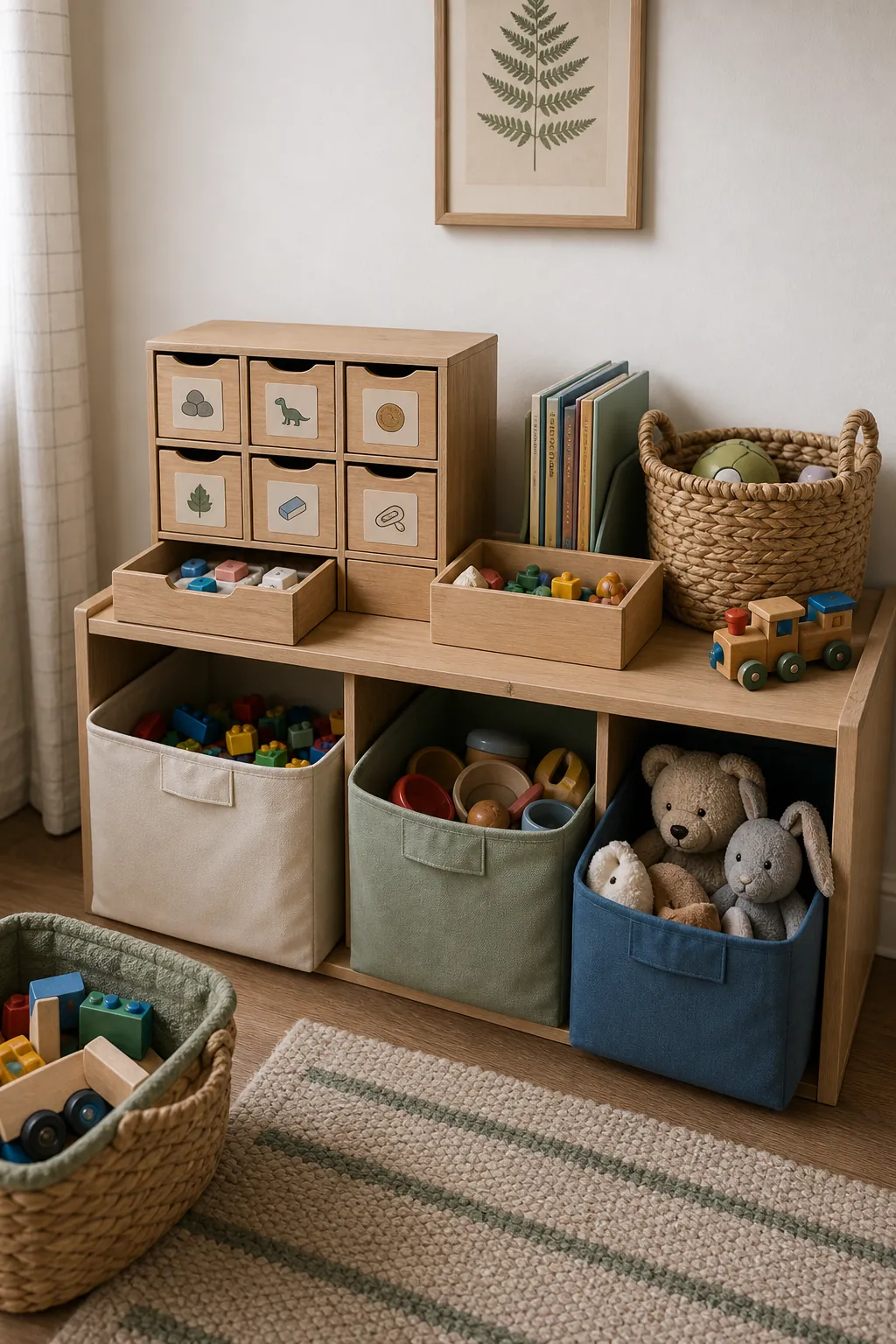 Small kids room toy shelf with divided drawers for tiny pieces