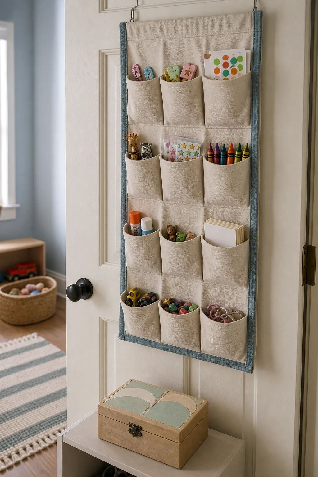 Door pocket organizer for tiny toys and school supplies in a kids bedroom
