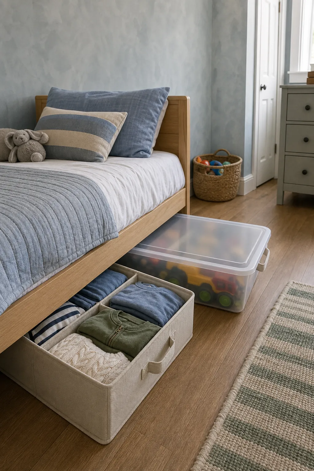 Under bed overflow storage for clothes and toy rotation in a small kids room