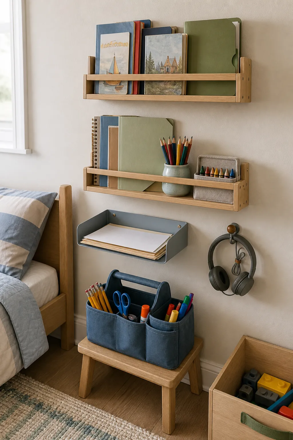 Wall shelves and school supply caddy in a small kids bedroom