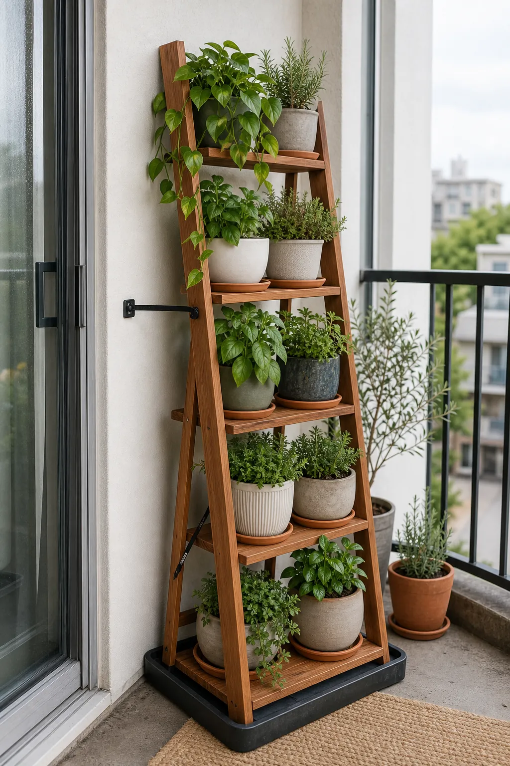 Freestanding balcony ladder plant wall with heavier pots low and trailing plants above