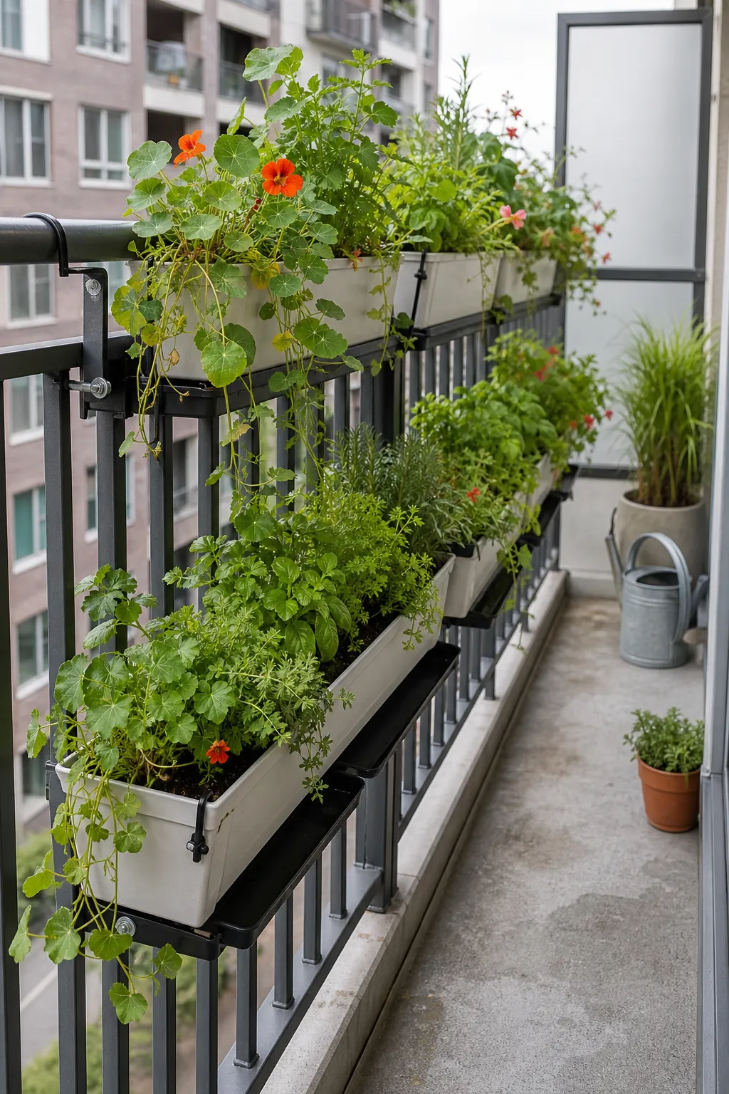 Balcony railing plant wall with secure planters, trailing greenery, and controlled drainage