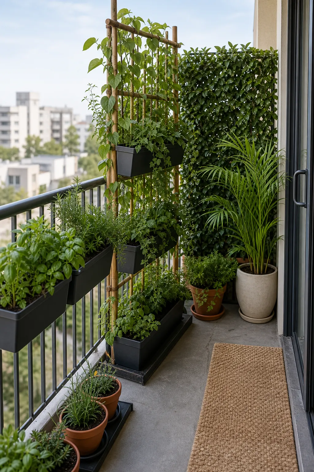 Balcony plant wall ideas with railing planters, bamboo trellis, and privacy greenery