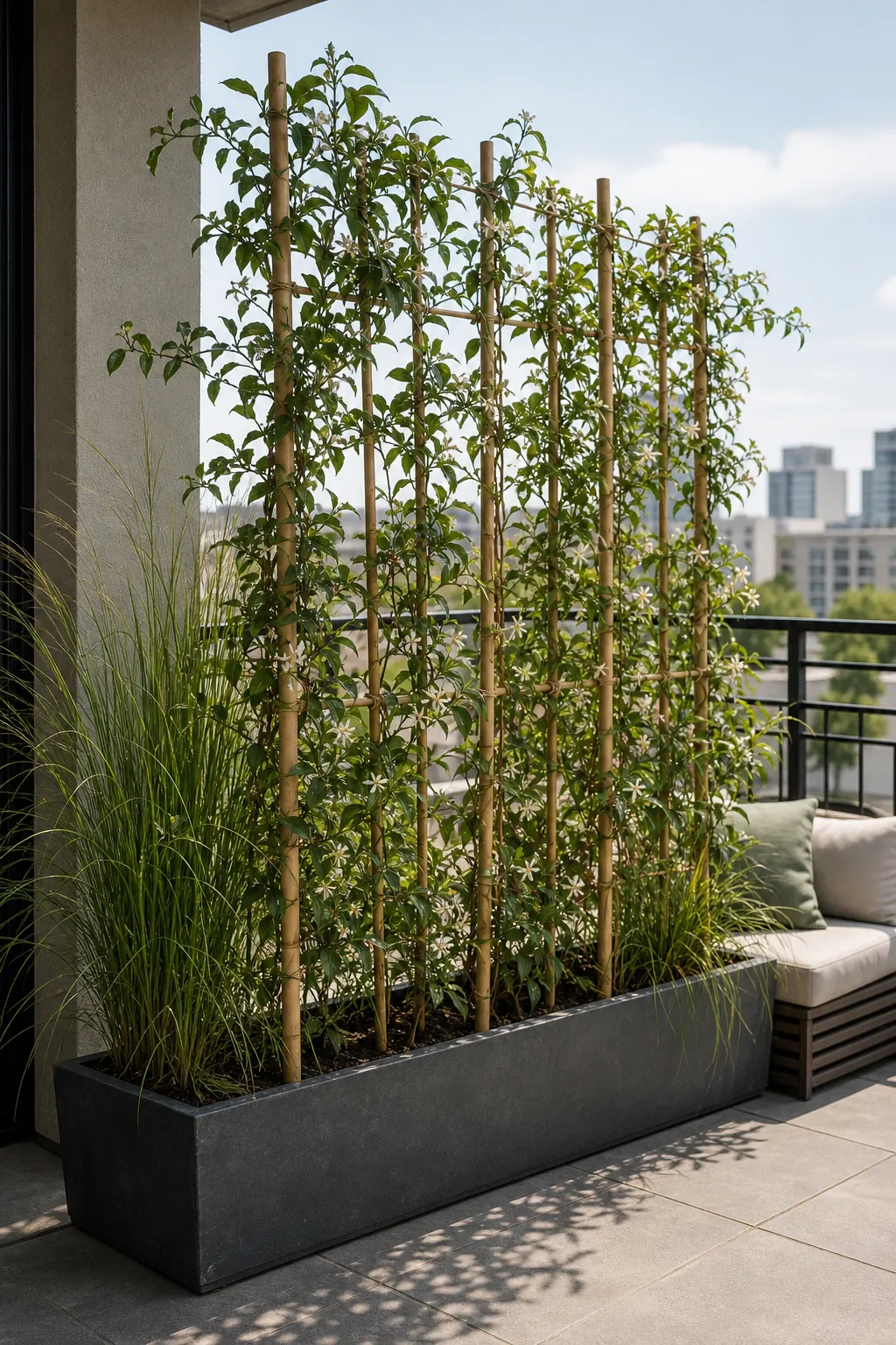 Balcony privacy plant wall with bamboo pots, trained vines, and a stable trellis