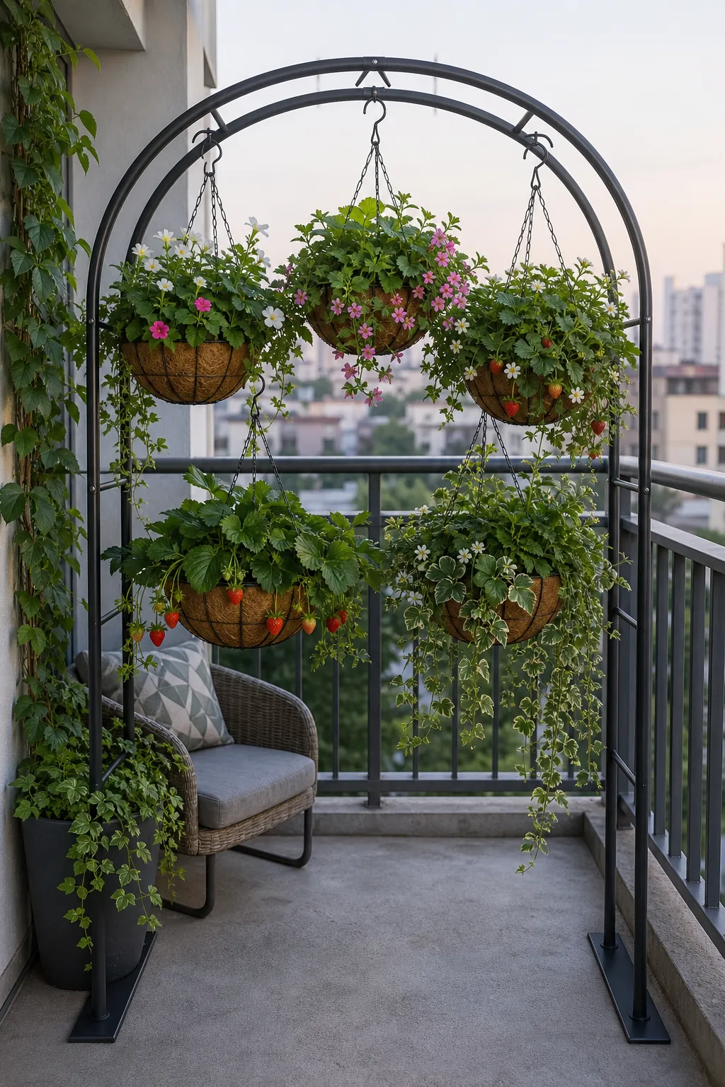 Balcony hanging basket plant wall with lightweight trailing plants and clear walkway access