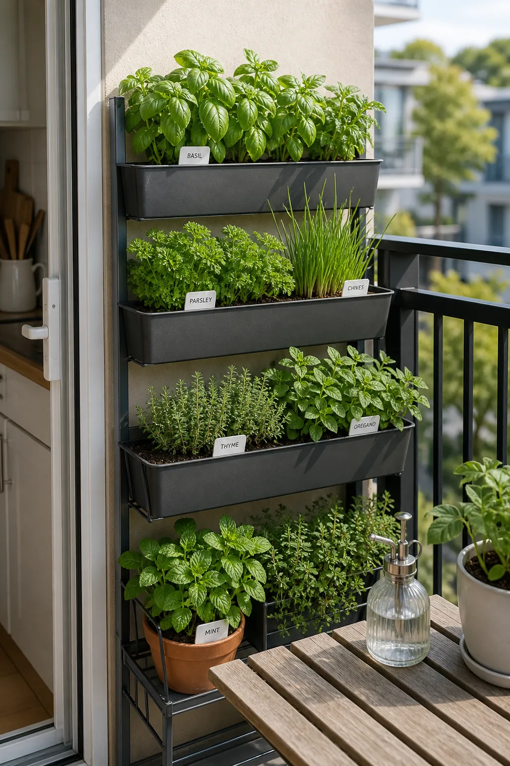 Small balcony herb wall with narrow planters near the door and easy watering access