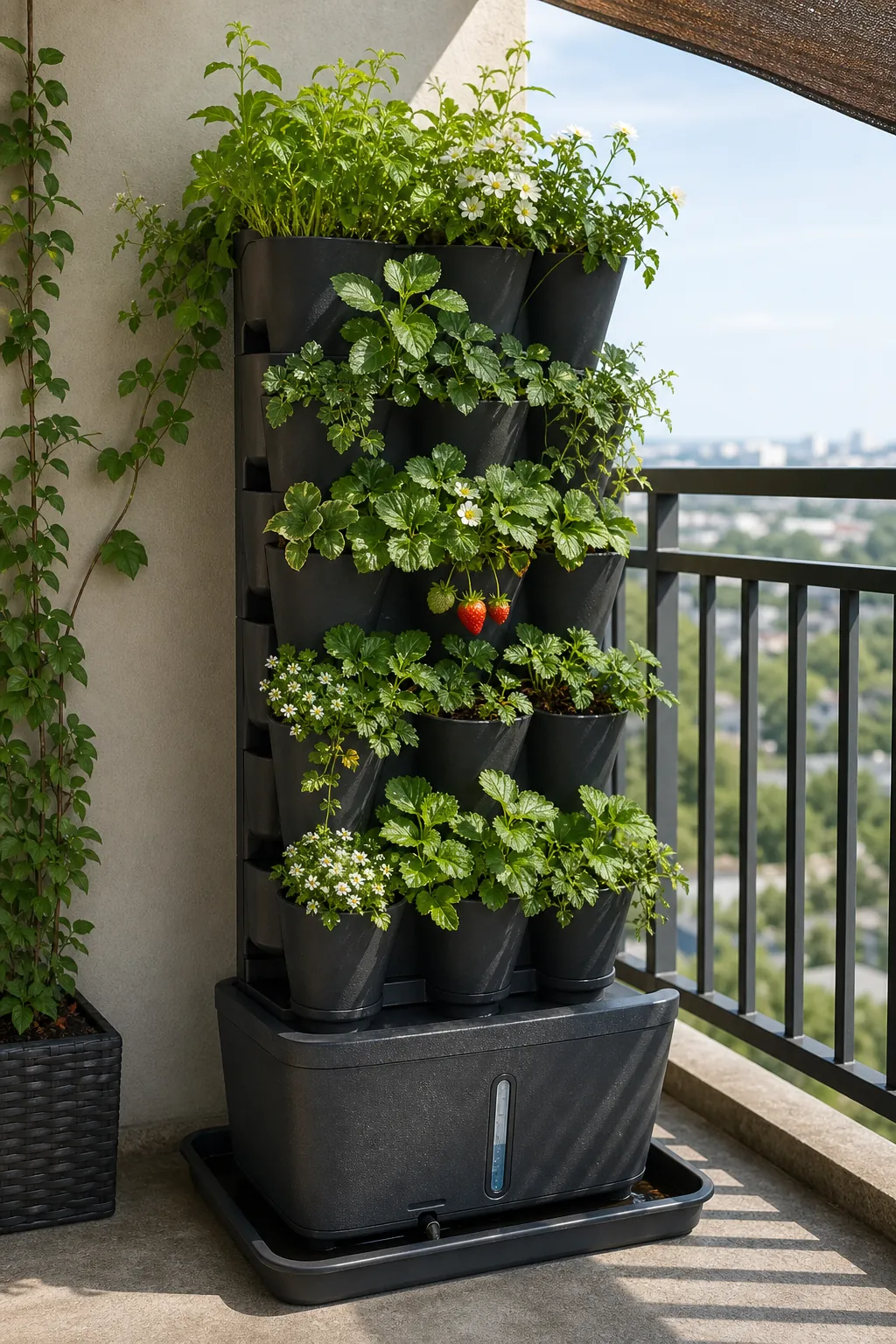 Balcony self-watering vertical planter with reservoir, mixed foliage, and stable base