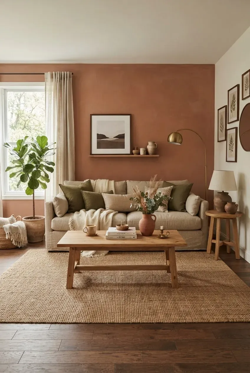 Warm earthy living room with terracotta wall, olive pillows, and natural wood furniture