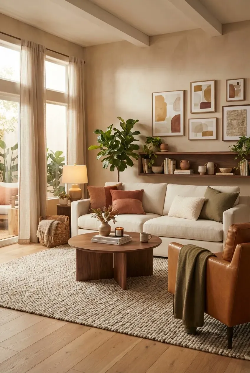 Warm color living room with terracotta, caramel, cream, olive, and wood accents