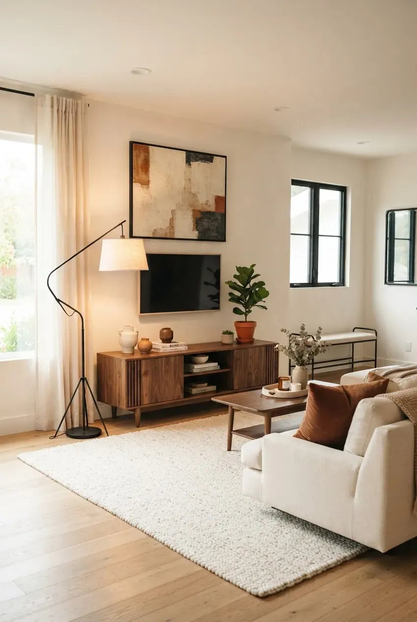 Warm modern living room with clean lines, walnut wood, rust pillows, and soft cream walls