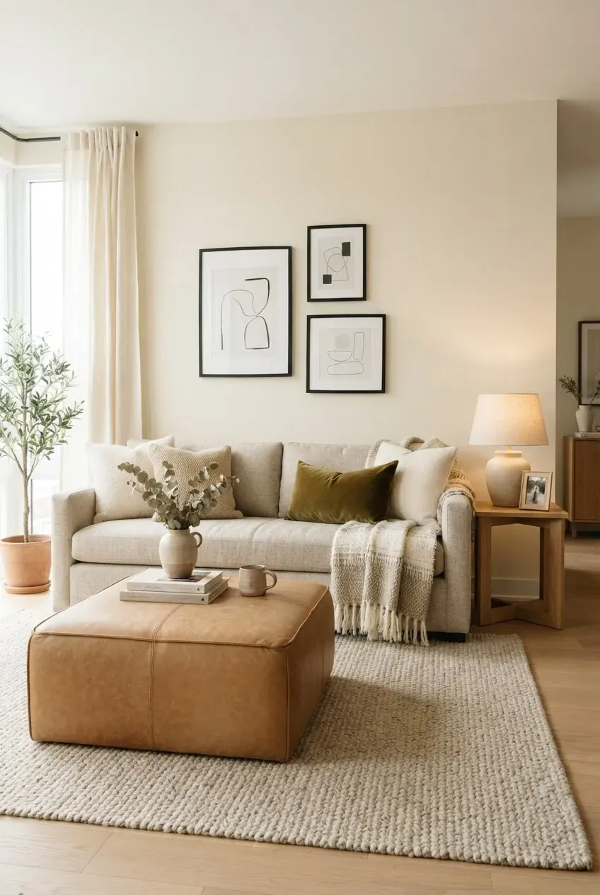 Neutral warm living room palette with cream walls, beige sofa, camel leather, and olive decor