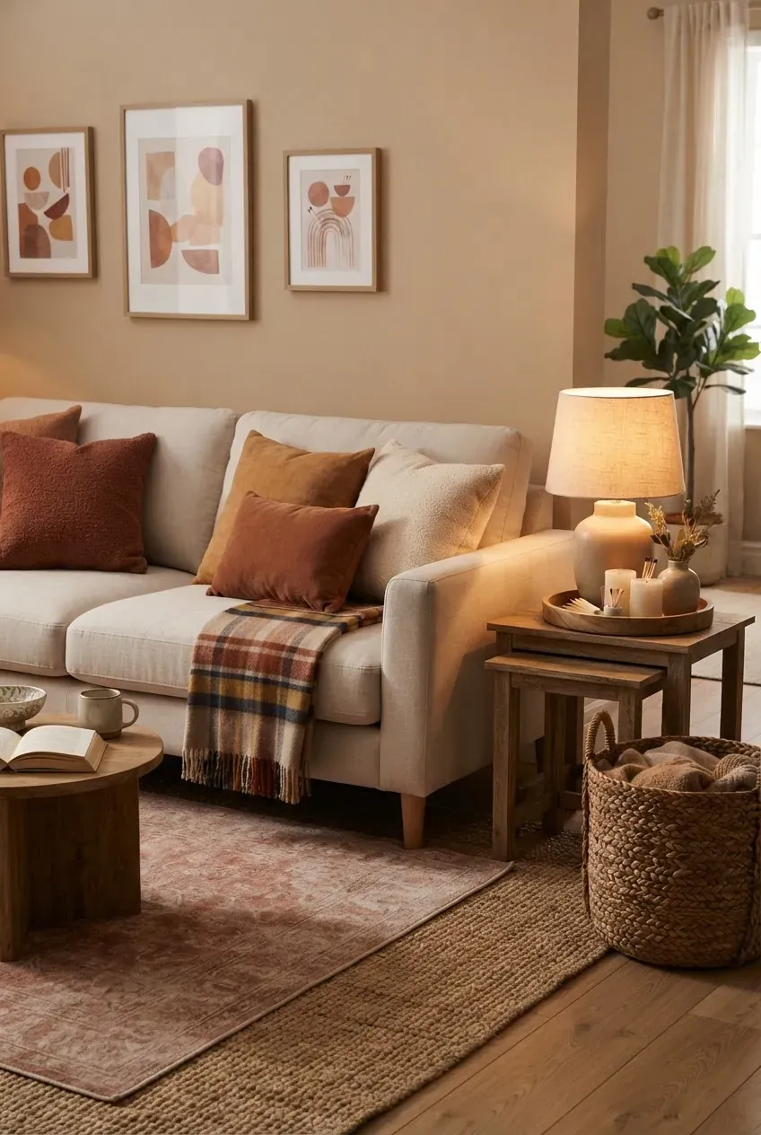 Cozy living room with warm colors layered through rugs, pillows, throws, and lighting