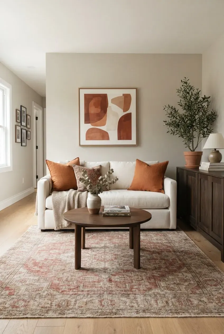 Neutral living room with a warm pop of color through rust art, pillows, and a patterned rug