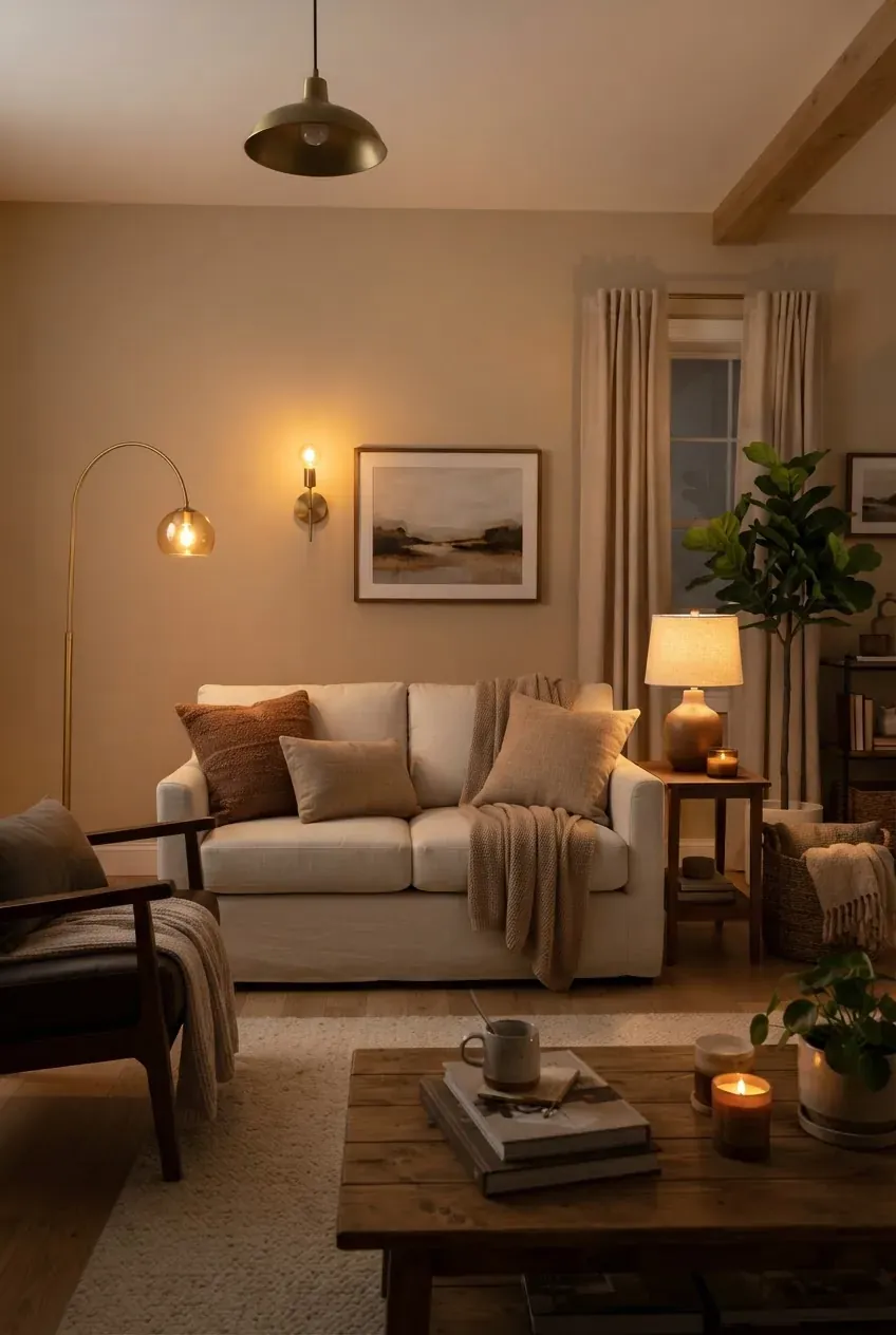 Warm living room lighting plan with lamps, sconces, cream seating, and earth tone decor