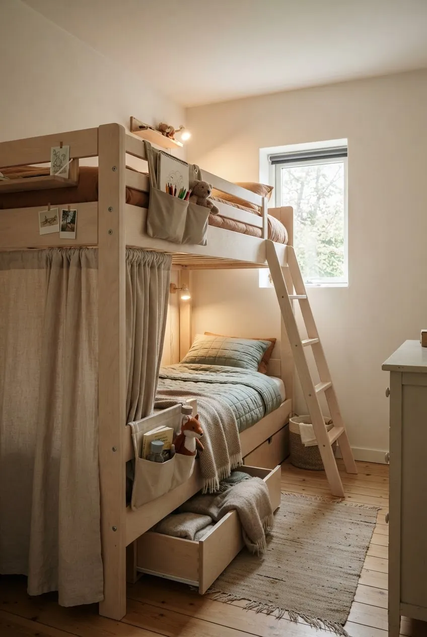 Bunk bed in a small sibling bedroom with soft curtain nooks and personal shelves