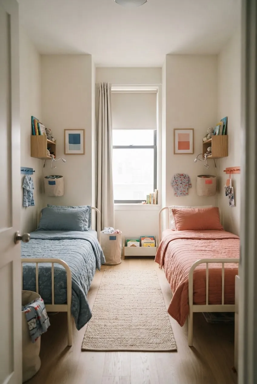 Small shared kids room with two twin beds and soft color zones for each child