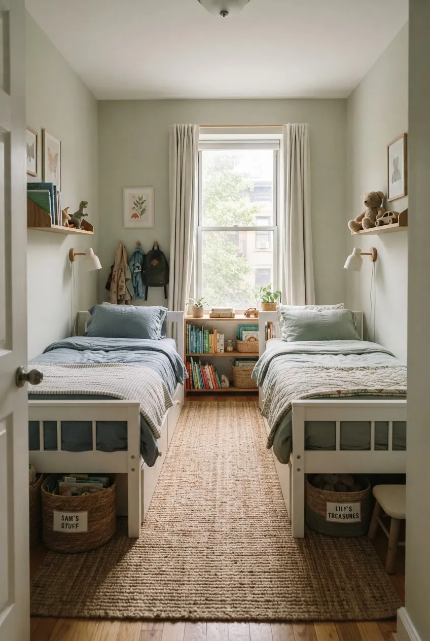 Small shared kids room with balanced personal zones and smart storage