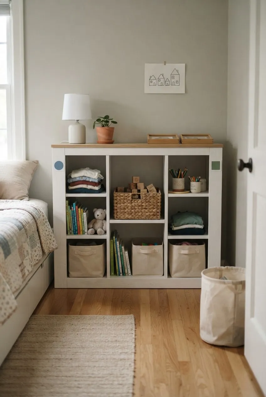 Shared bedroom storage hub with labeled bins and personal cubbies for siblings