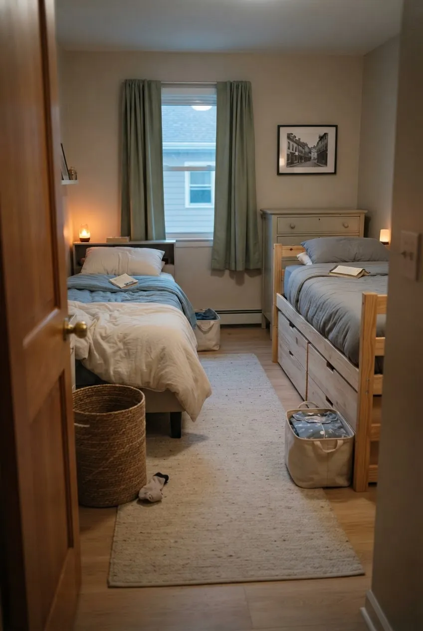 Calm small shared kids room layout with open bedtime walkway and organized personal zones