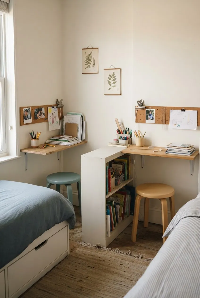 Small shared kids bedroom with two compact study corners and clear personal zones
