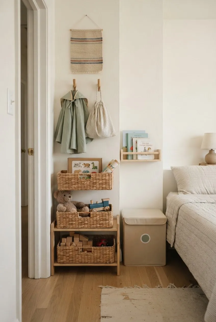 Toy rotation storage wall for a small shared kids room with labeled baskets