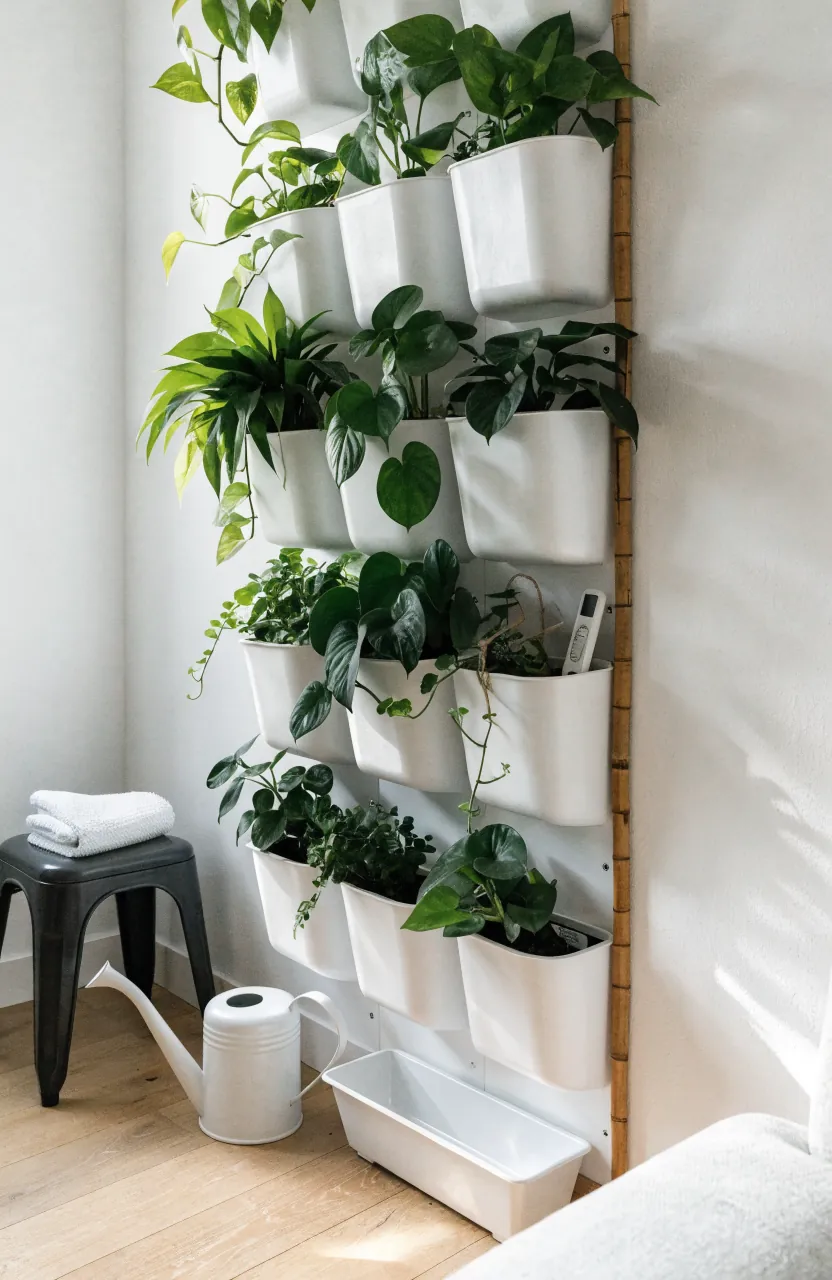 Modern indoor modular living wall panel with mixed pothos ferns and philodendron in a bright living room