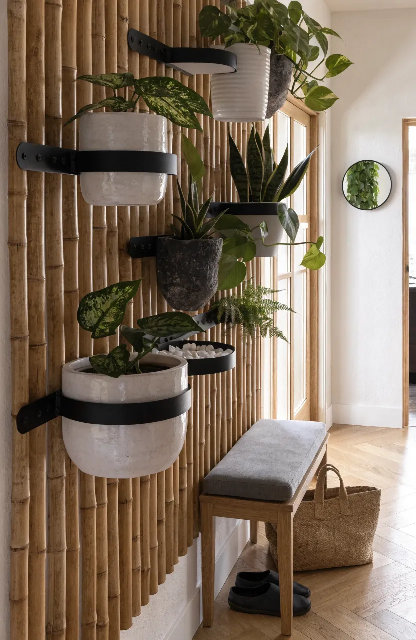 Bamboo slat plant accent wall with mounted planters and trailing greenery in a modern entryway