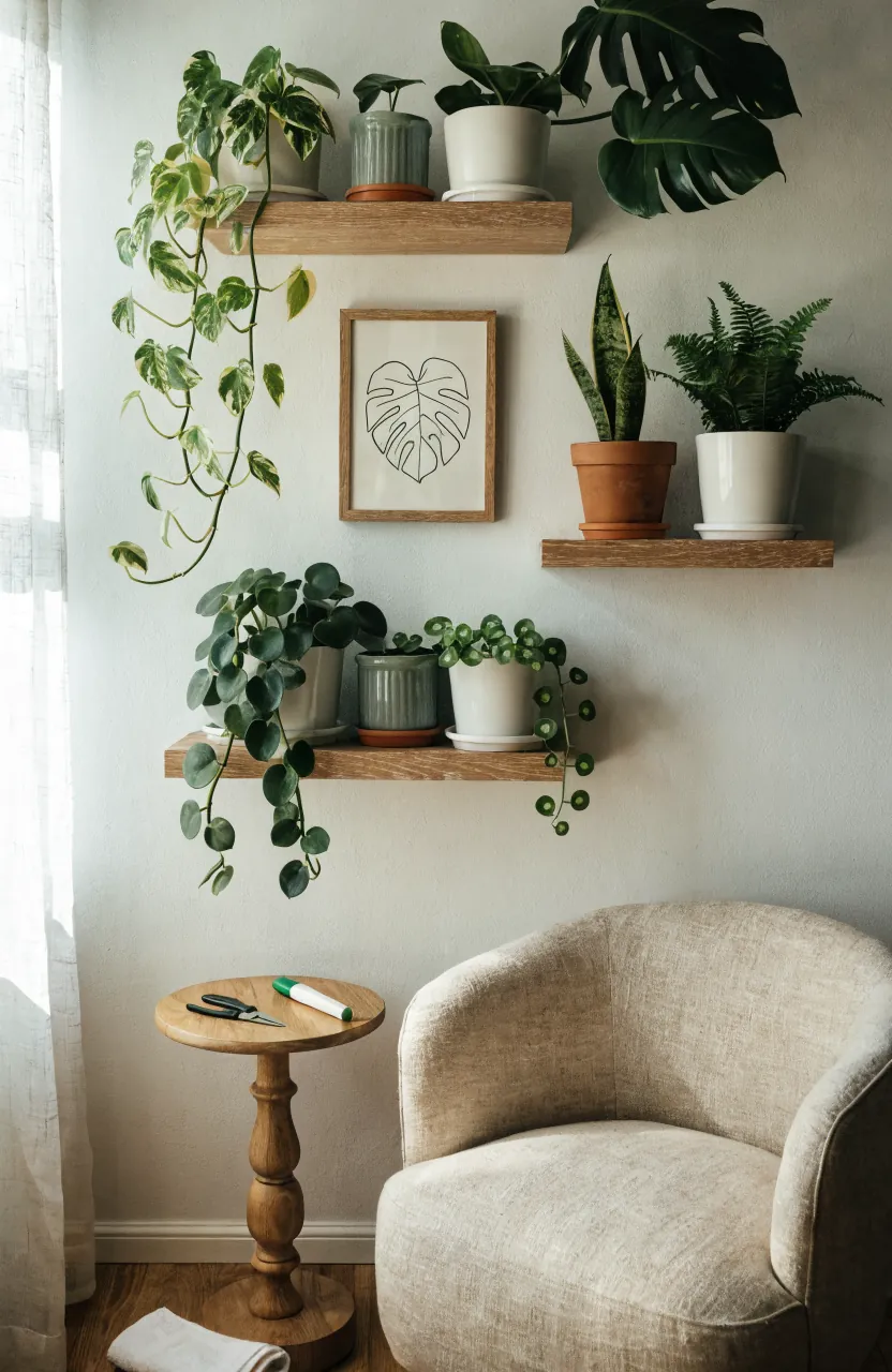 Floating shelf indoor plant wall with trailing plants ceramic pots and a modern reading corner