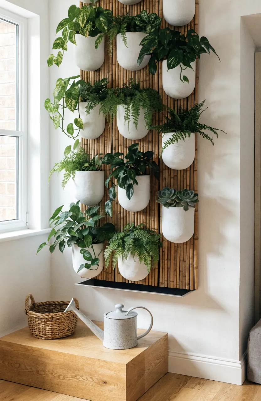 Modern indoor plant wall ideas with bamboo accents and layered green houseplants in a bright living room