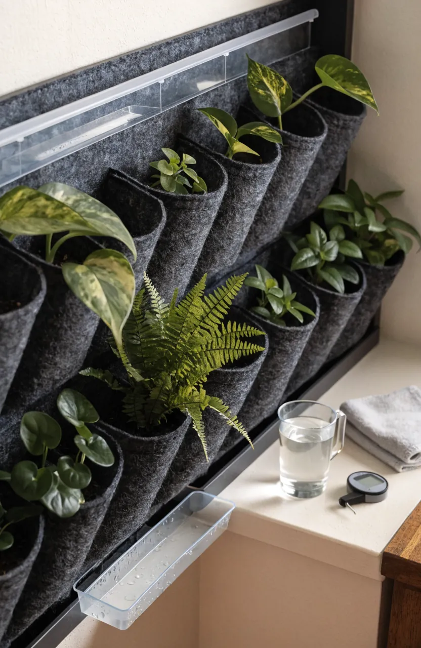 Close detail of a self watering indoor living wall pocket system with drainage tray and healthy green plants