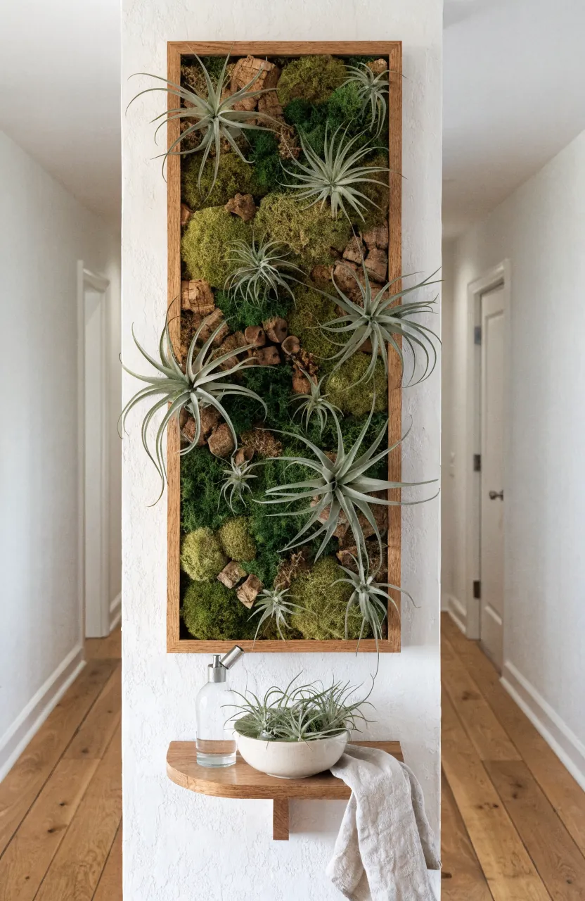 Modern hallway botanical wall with air plants preserved moss and slim wood frame