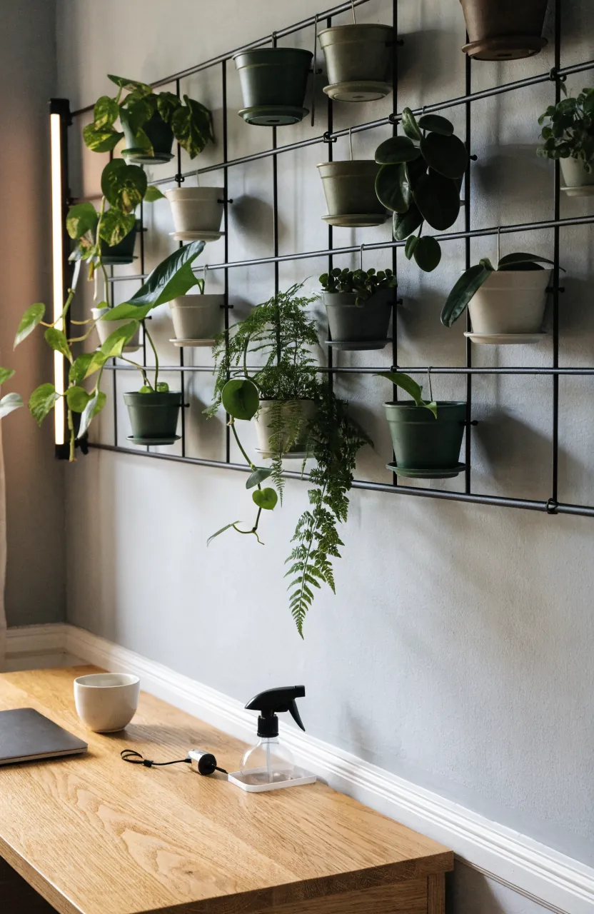 Modern home office plant wall grid with a slim grow light and mixed indoor plants