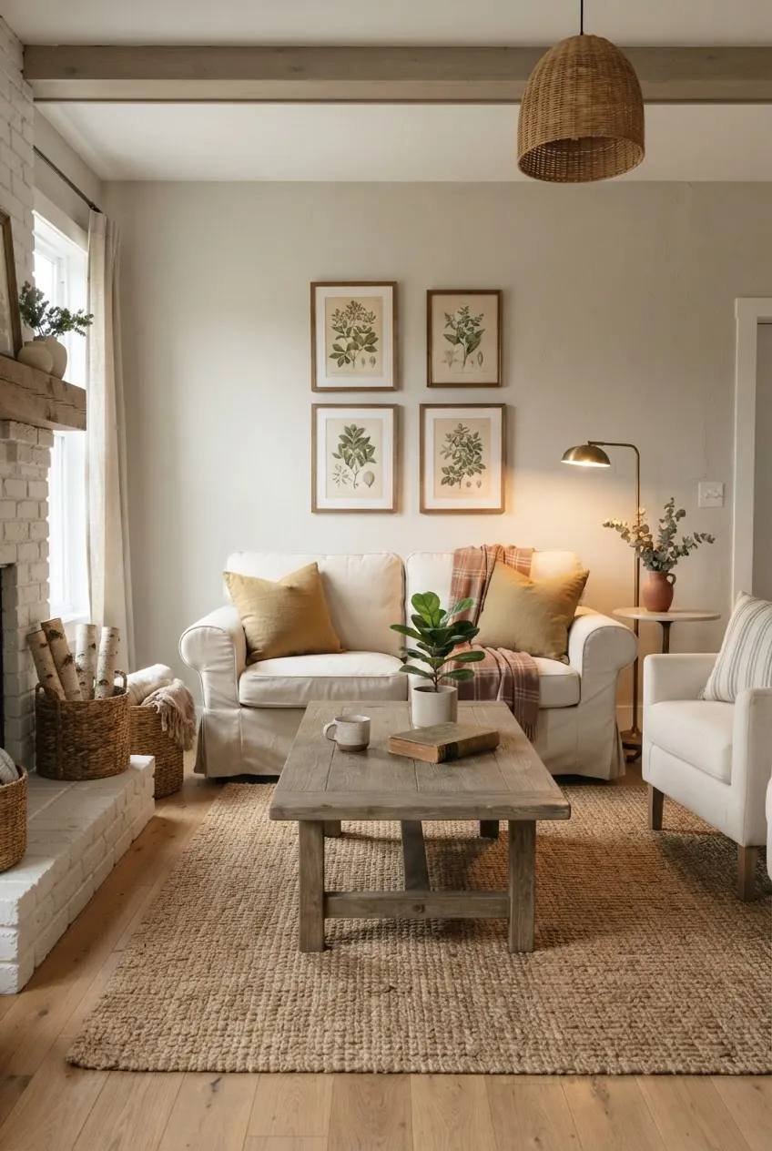 Farmhouse living room with warm colours, slipcovered sofa, weathered wood, brass, and plaid accents