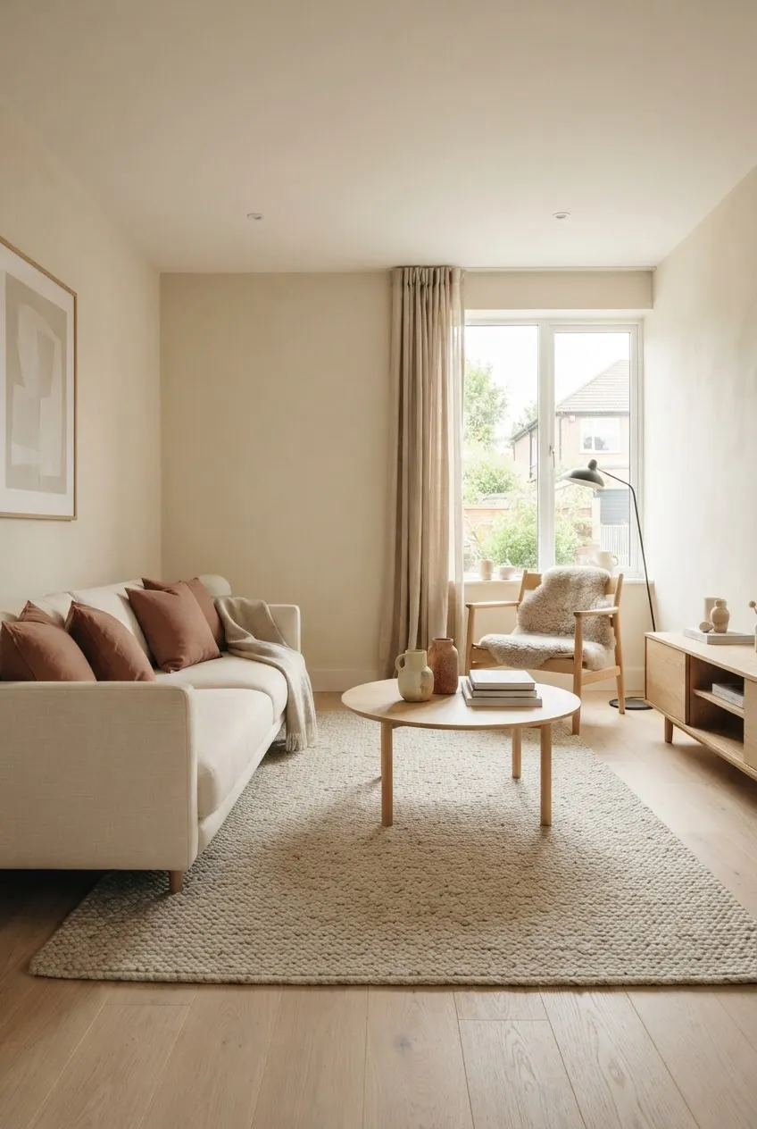 Scandinavian living room with warm colours, pale wood, wool textures, and muted terracotta accents