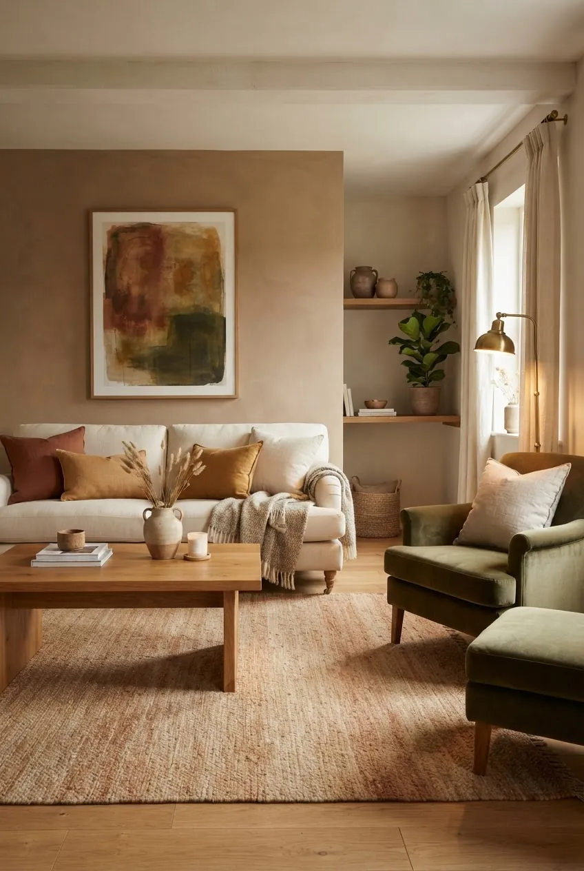 Warm colours living room with clay, cream, honey wood, olive green, and soft lamp light