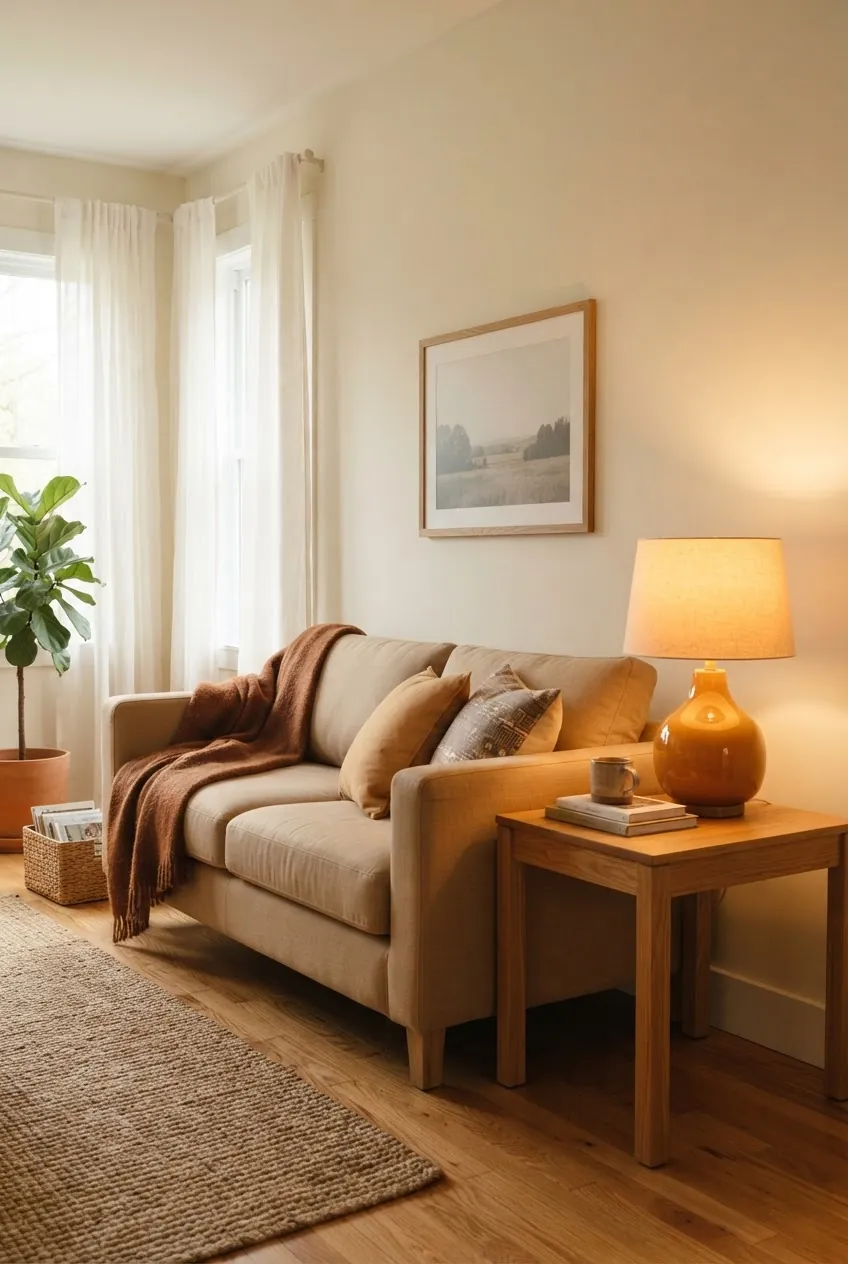 Warm light living room with cream walls, amber lamps, tan sofa, and layered earthy textiles