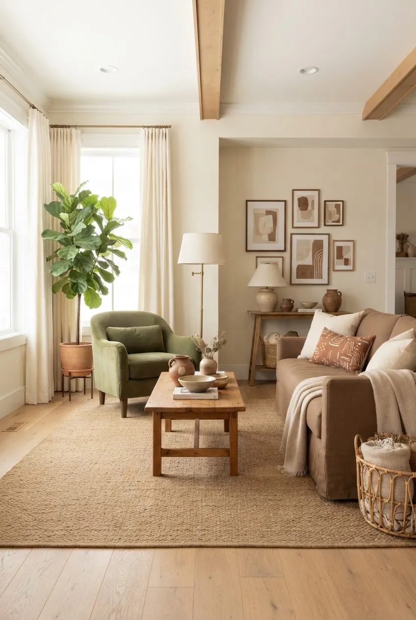 Earth tones living room with soft brown sofa, moss green chair, clay pottery, and warm wood