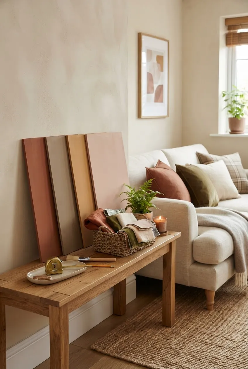 Living room paint colour ideas with warm beige wall, clay sample boards, and coordinated sofa fabrics