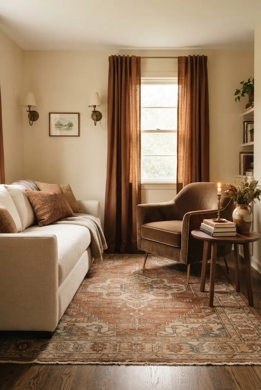 Sitting room with warm colours, cinnamon curtains, brown velvet chair, cream sofa, and patterned rug