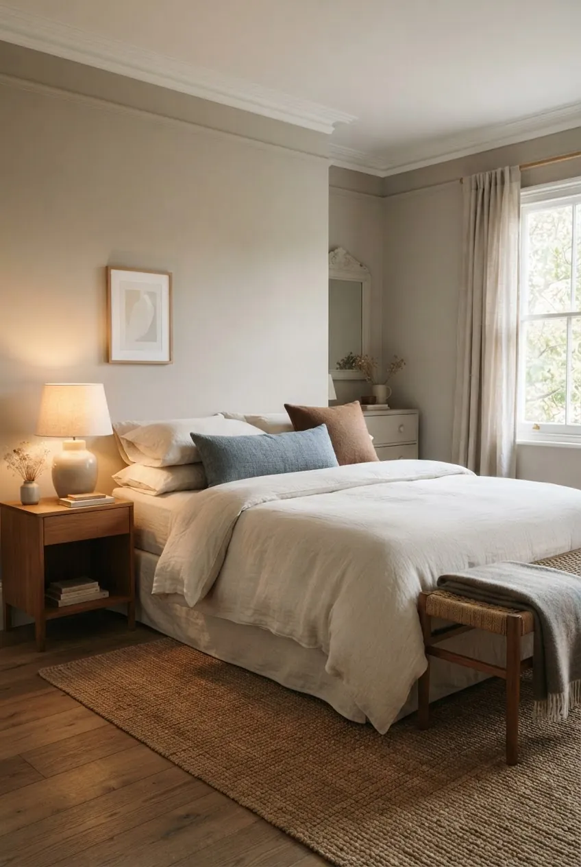 Bedroom interior color ideas with soft taupe walls, cream bedding, muted blue, rust, and warm wood