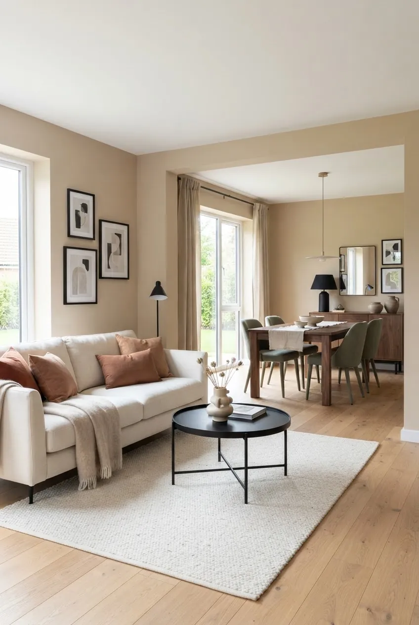 Home color combinations in an open living and dining area with cream, walnut, sage, black, and clay