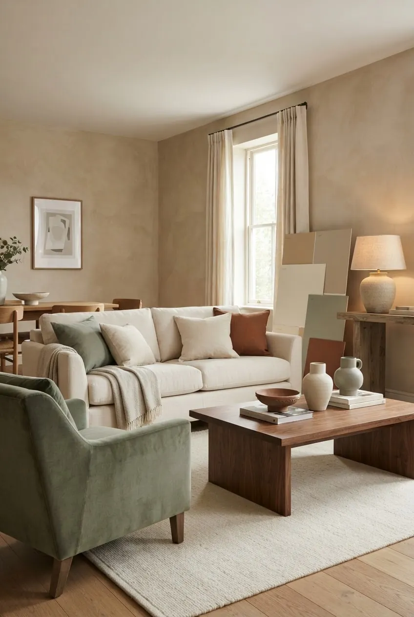Home decor colors shown in a cohesive living room with warm neutrals, sage, clay, cream, and wood