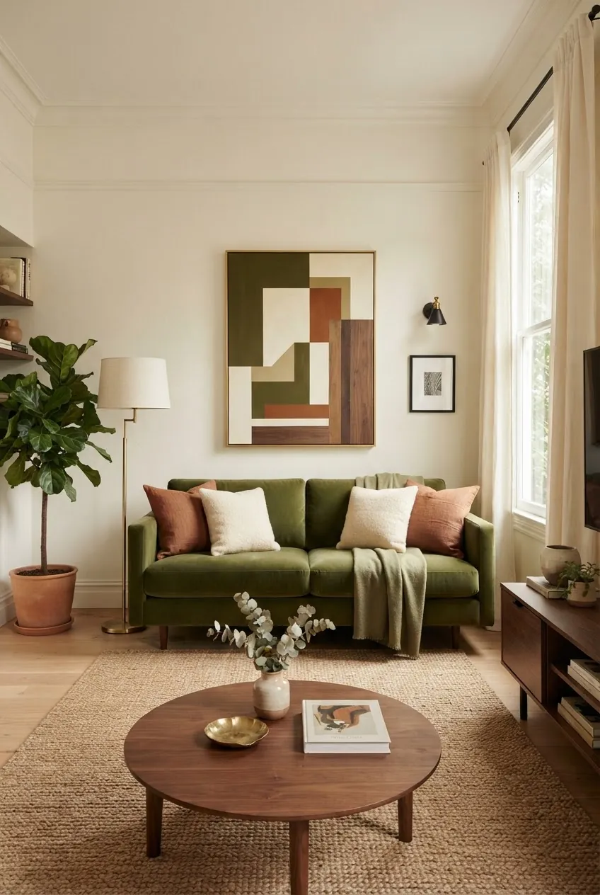 Living room color scheme with olive sofa, creamy walls, tan rug, brass lamp, and rust accents