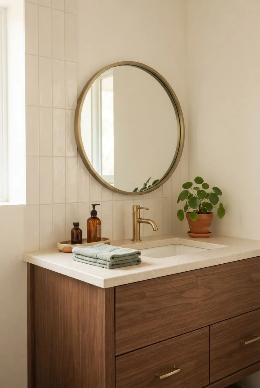 Bathroom decor colors with warm white tile, walnut vanity, stone, brushed brass, and muted green accents