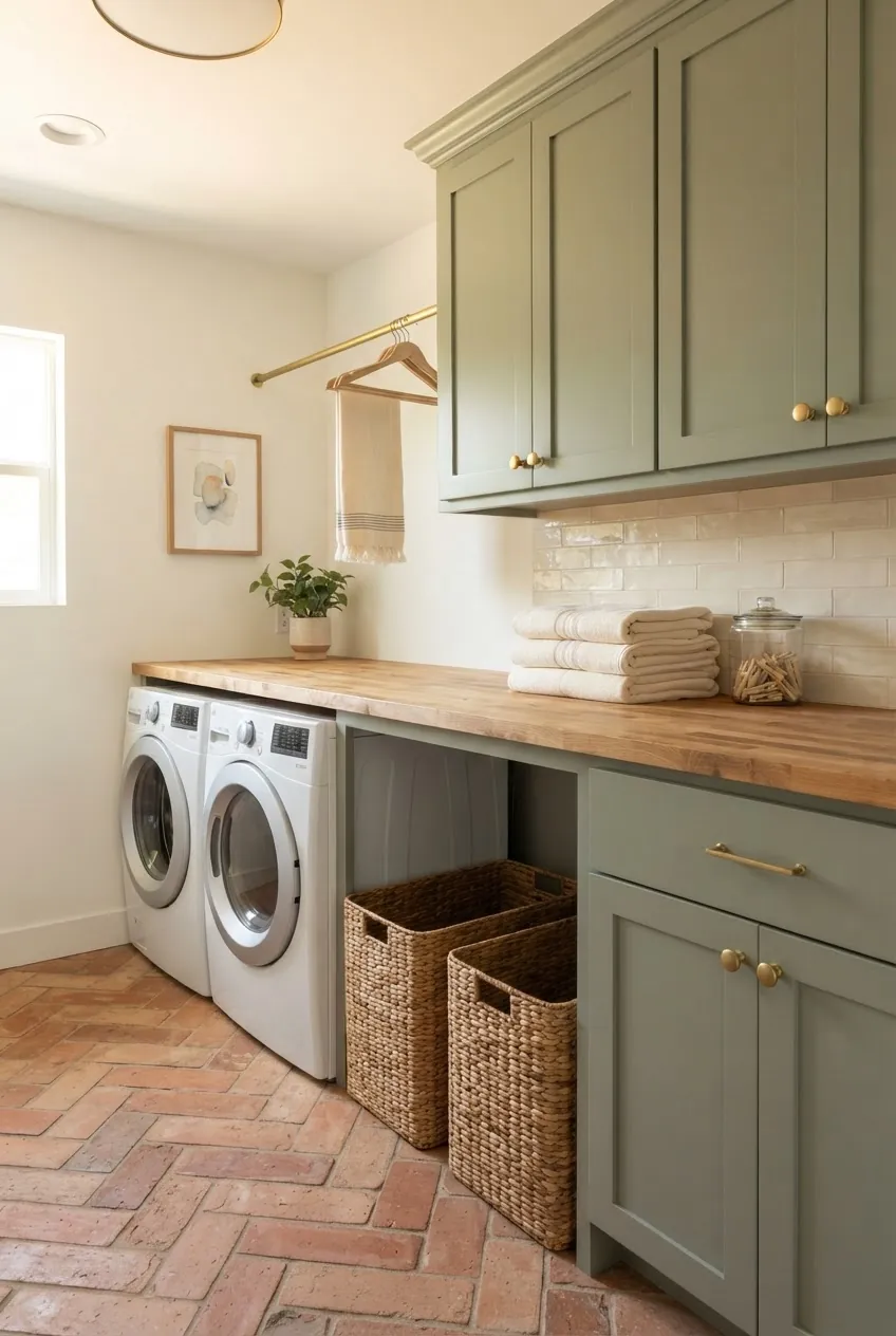 Laundry room color scheme with sage cabinets, warm white walls, brass hardware, woven baskets, and clay tile