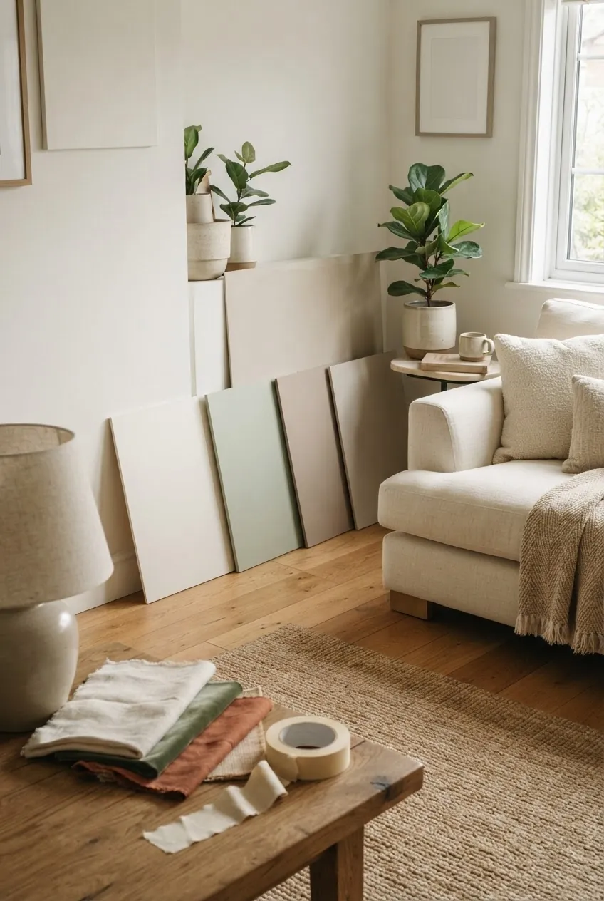 Painting colors for home interior with large warm neutral, sage, clay, and taupe samples in a styled room