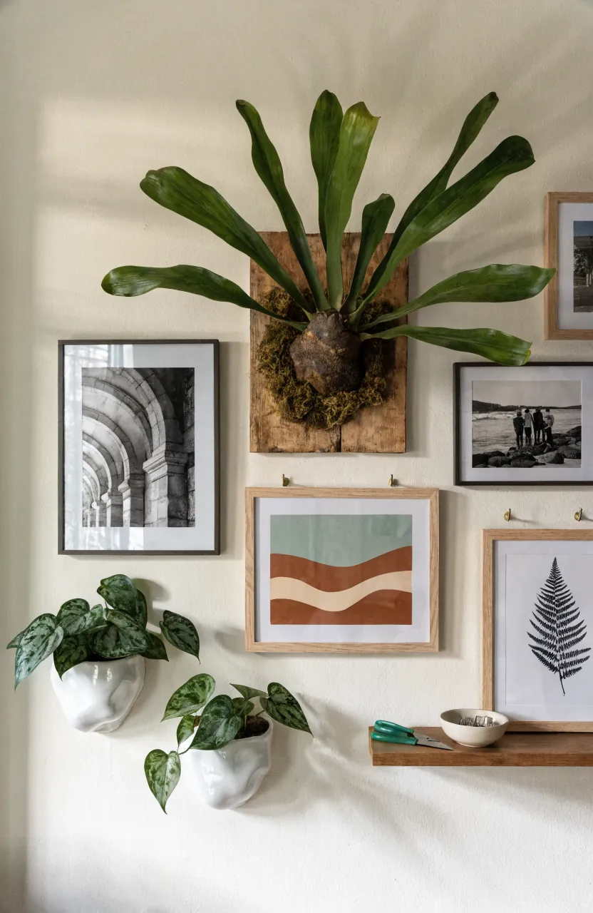 Wall mounted plants mixed with art prints and framed photos in a modern plant picture wall