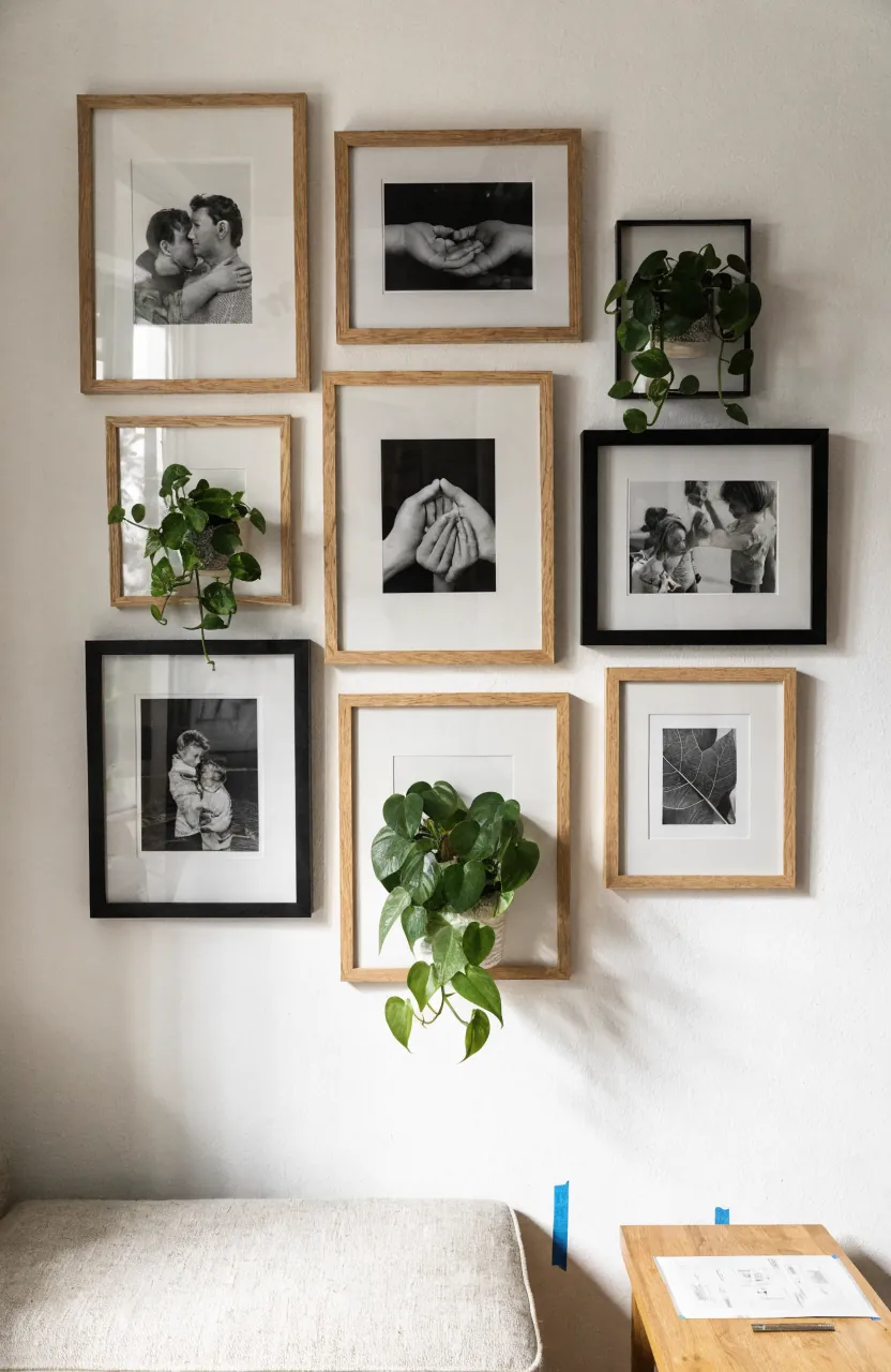 Living room photo gallery wall with plants arranged around black and white family photos