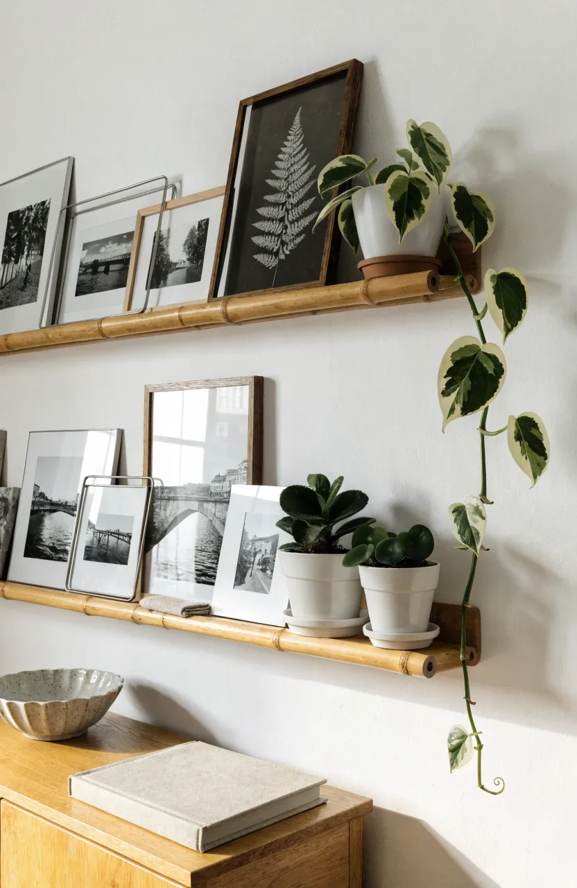 Picture ledge plant wall shelves with framed photos trailing pothos and ceramic pots